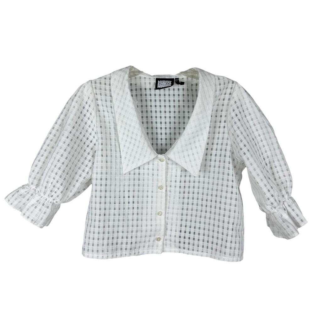 Reclaimed Vintage Dagger Collar 70 Inspired Windowpane Puff Sleeve Ruffle Blouse